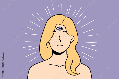 Calm woman with third eye on forehead use intuition for decision making. Girl psychic think with mind and heart. Spirituality and esotericism. Vector illustration. 