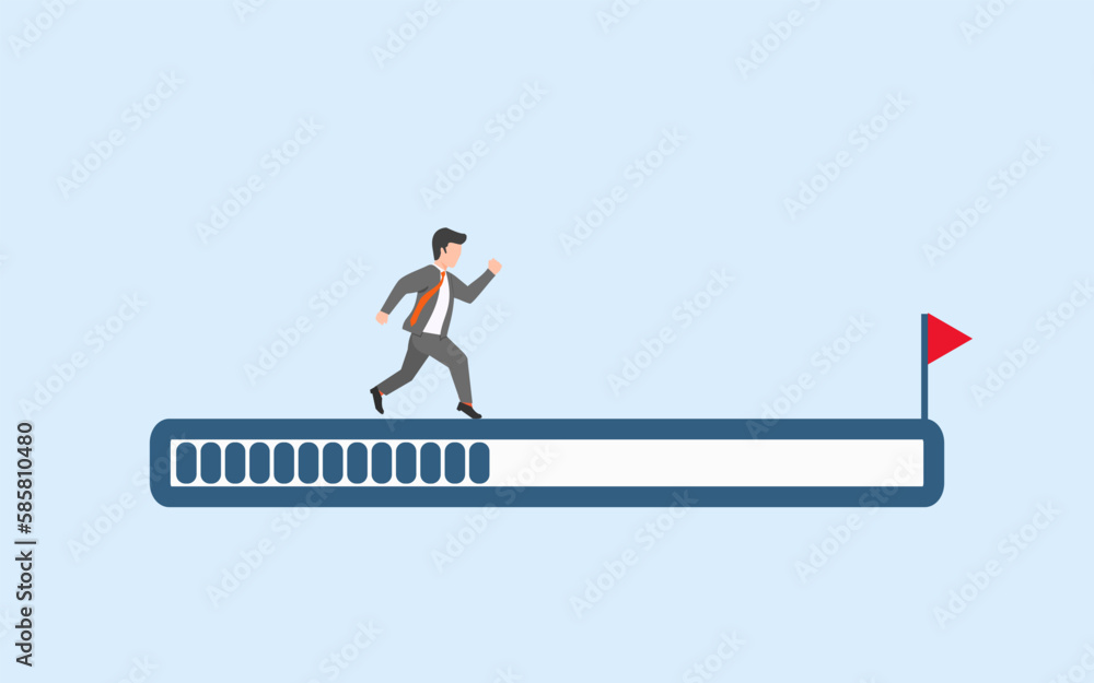 concept of process. consistency leads to success. enjoy every process towards the goal. a businessman running towards red flag on bar loading. concept of process. consistency leads to success. enjoy every process towards the goal. a businessman running towards red flag on bar loading.