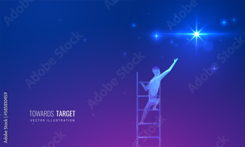 Achievement and goal concept to get star from the sky. Metaphor of dreams and desires - man reaches for star in the sky. Vector illustration in futuristic style with light effects