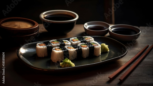 Fresh and Flavorful Sushi Roll Plate with Chopsticks and Wasabi