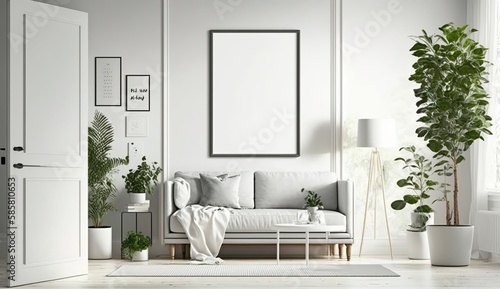 White blank poster mockup in living  scandinavian style  Generative ai