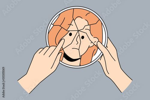 Woman look in broken mirror suffer from bipolar disorder. Unhappy girl struggle with personality disorder. Mental and psychological problems. Vector illustration. 