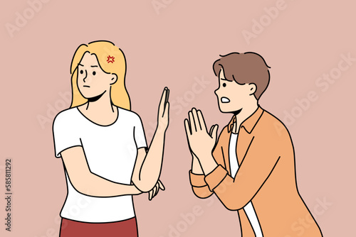 Desperate man ask woman about forgiveness. Stressed male beg girl about second chance. Cheating and forgiving. Relationship problem. Vector illustration. 