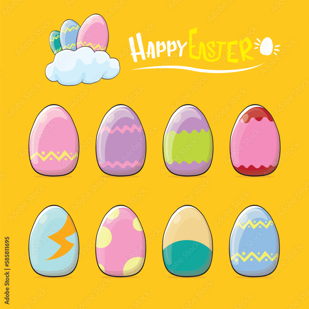 Set of colorful hand drawn Easter eggs with different colors isolated on orange background. Spring holiday. Vector Cartoon Happy easter eggs set and clip art collection Set of colorful hand drawn Easter eggs with different colors isolated on orange background. Spring holiday. Vector Cartoon Happy easter eggs set and clip art collection