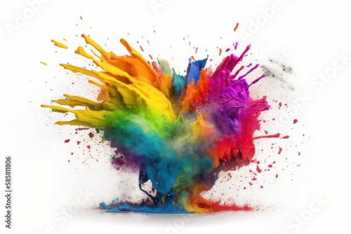 Colourful paint splashes in the shape of a love heart  Coloured powder explosion. Paint holi  Mix rainbow splash on isolated white background - Generative AI Illustration