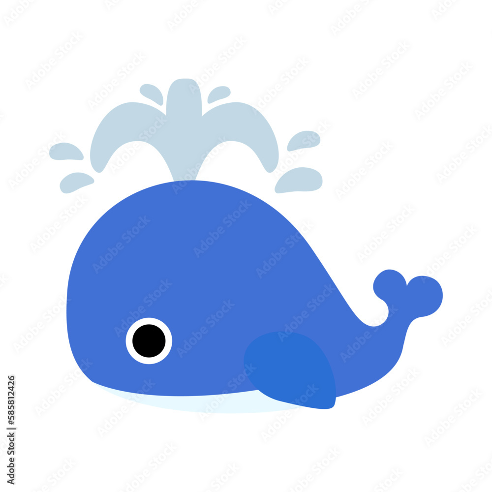 Cute blue baby whale blows. Isolated on white background, flat design, EPS10 vector Cute blue baby whale blows. Isolated on white background, flat design, EPS10 vector