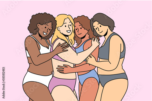 Smiling body positive interracial women in underwear posing together hugging. Happy multiethnic females of different sizes embrace. Body positivity. Vector illustration. 