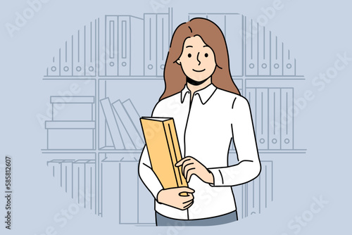 Smiling businesswoman hold folder in hands posing on office. Woman lawyer or manager stand near bookshelf with official documents. Vector illustration. 