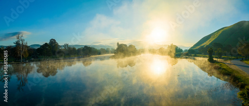 Enchanting Fog Drifting Over Hart Park Lake During Golden Hour