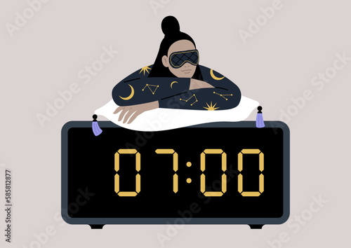 A young female Asian character dressed in pajamas and a mask, reclines atop a big digital alarm clock