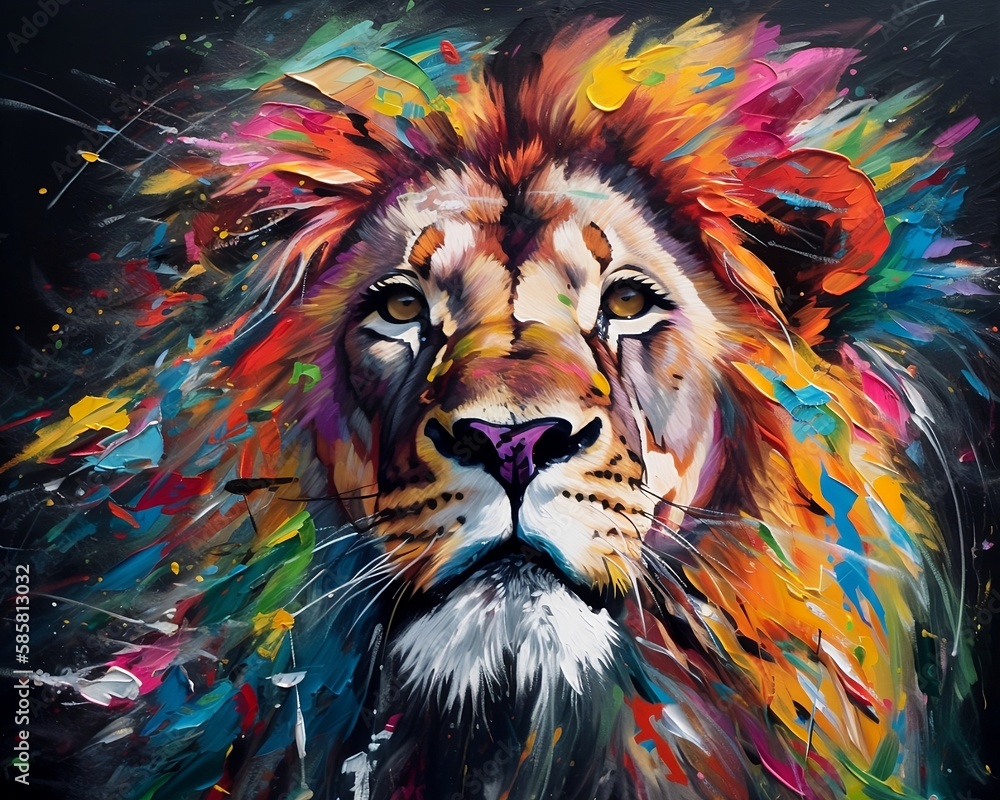 majestic lion portrait with vivid colors oil painting and natural materials. Created using generative AI