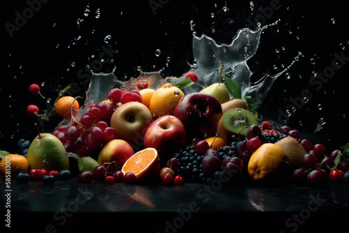 Refreshing fruits splashed with water, Generative AI