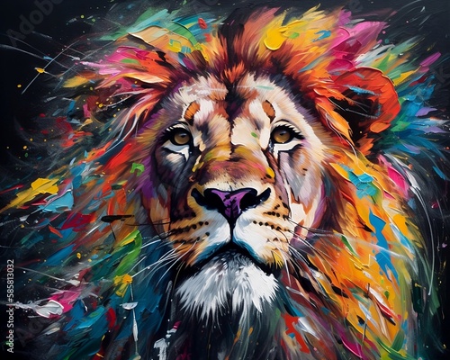 majestic lion portrait with vivid colors oil painting and natural materials. Created using generative AI photo