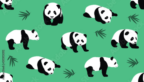 Set of realistic adult giant pandas bears and their cubs. Animals of China. panda illustrations set. Vector seamless pattern with hand drawn pandas. Cute characters  beautiful design elements  perfect