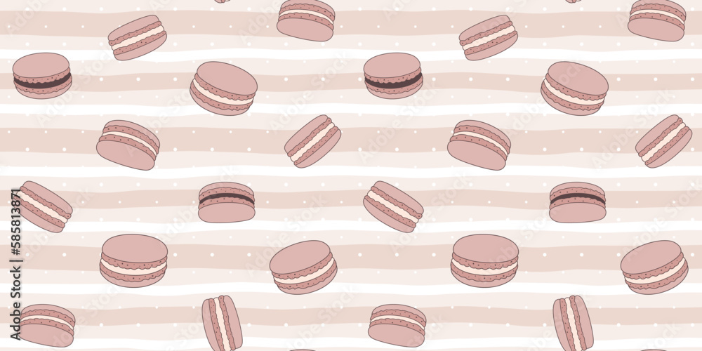 Chocolate macaroons on a beige striped background with polka dots. Endless texture with French sweet pastries. Vector seamless pattern for bakery, pastry shop, confectionery, wrapping paper, packaging Chocolate macaroons on a beige striped background with polka dots. Endless texture with French sweet pastries. Vector seamless pattern for bakery, pastry shop, confectionery, wrapping paper, packaging