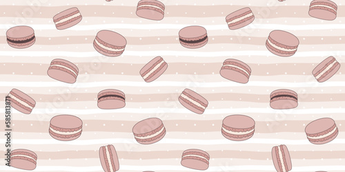 Chocolate macaroons on a beige striped background with polka dots. Endless texture with French sweet pastries. Vector seamless pattern for bakery, pastry shop, confectionery, wrapping paper, packaging