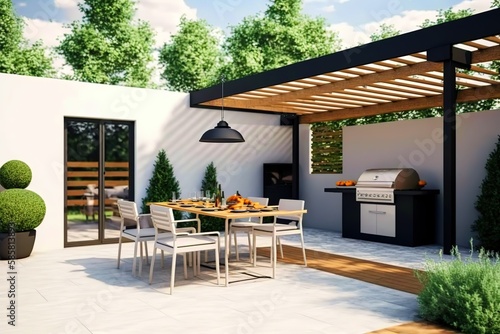 A stylish and modern outdoor space with a barbecue grill and a dining table. Generative Ai. © AT