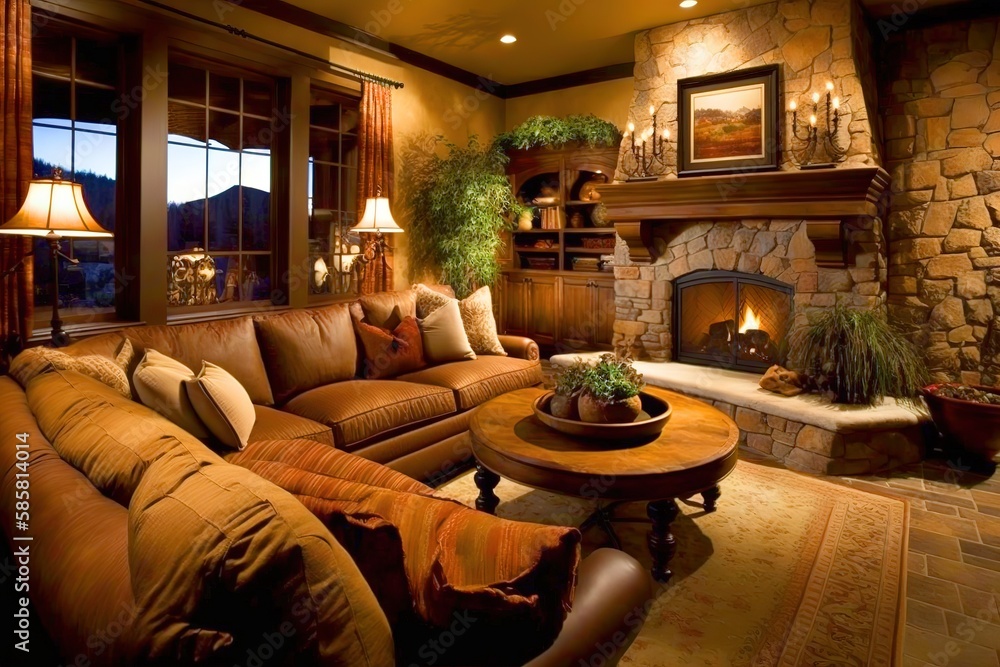 A warm and inviting family room with a large fireplace and a plush sectional sofa. Generative Ai. A warm and inviting family room with a large fireplace and a plush sectional sofa. Generative Ai.