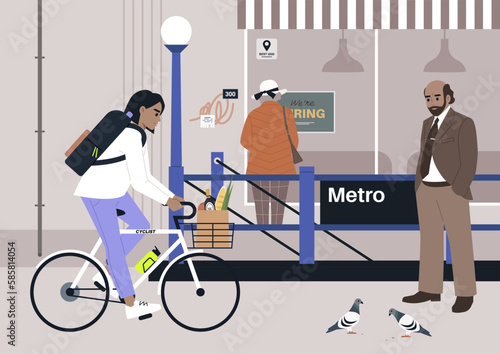 A crowded metro station entrance, urban scene with pigeons and graffiti, big city life