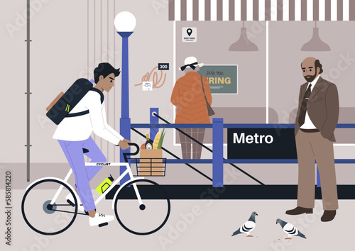 A crowded metro station entrance, urban scene with pigeons and graffiti, big city life
