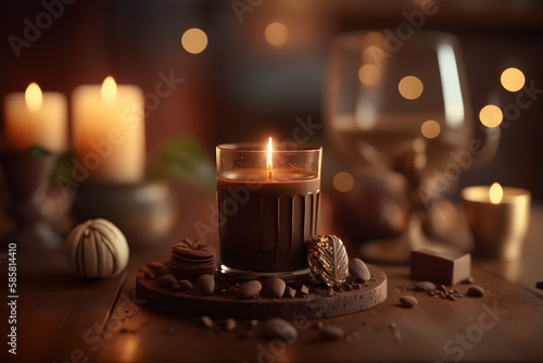 Cup of coffee and chocolate candies on wooden table in cozy room. Copy spase. Bokeh background. Artistic blur. Generative AI technology. 