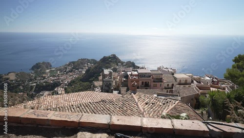 Coastline and rooftops of Castelmola, Castlemola, Sicily, Italy, Mediterranean, Europe photo