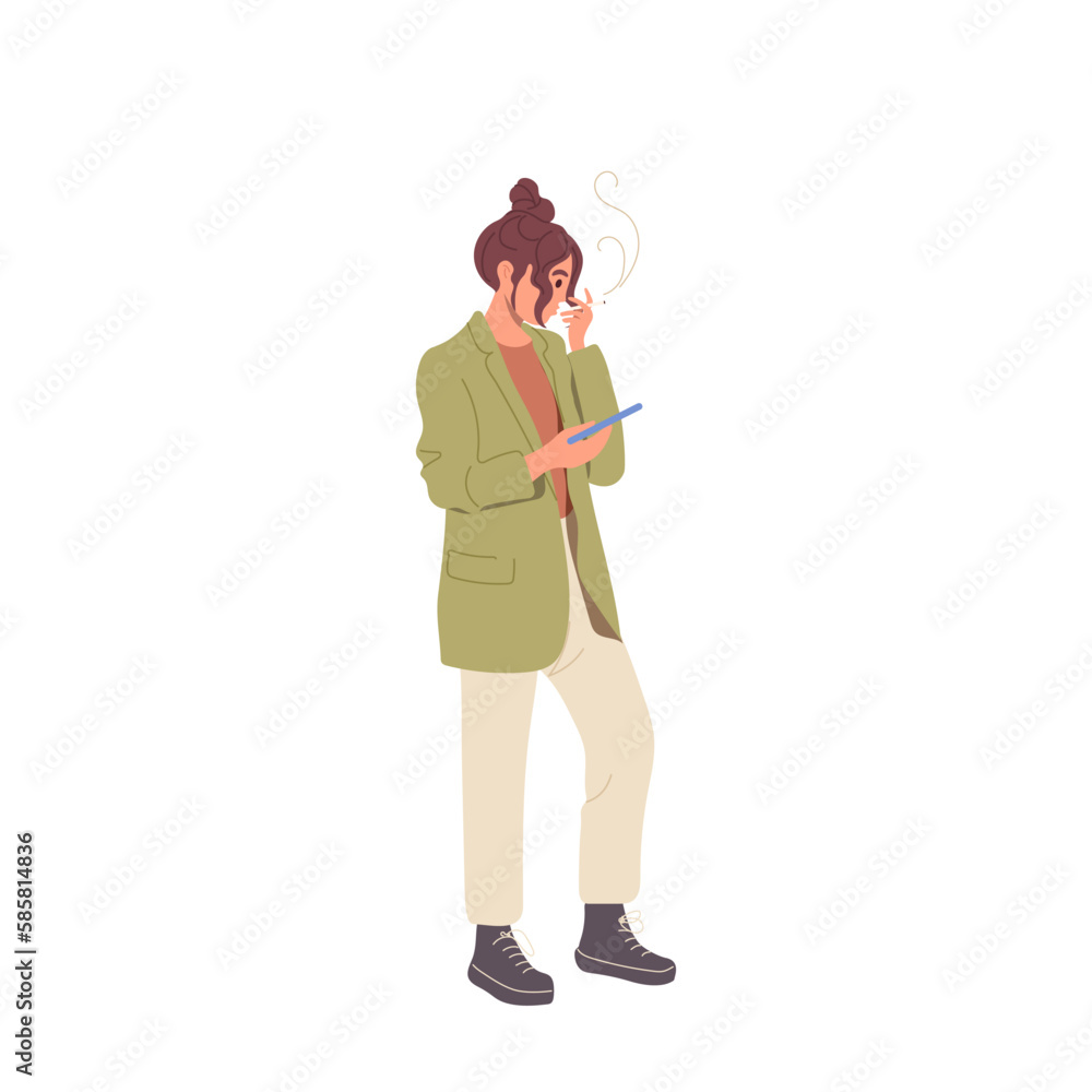 Young woman character smoking while using mobile phone for chatting with friends or working online Young woman character smoking while using mobile phone for chatting with friends or working online