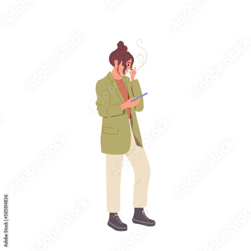 Young woman character smoking while using mobile phone for chatting with friends or working online