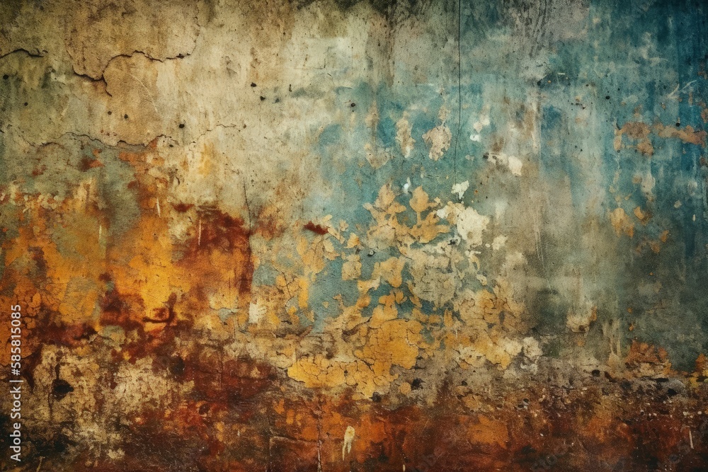 weathered wall with faded yellow and blue paint. Generative AI