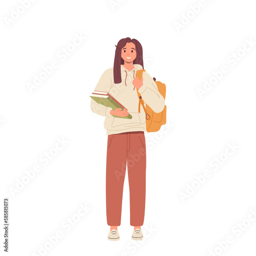 Young woman holding books in hand and carrying bag on shoulders vector illustration on white