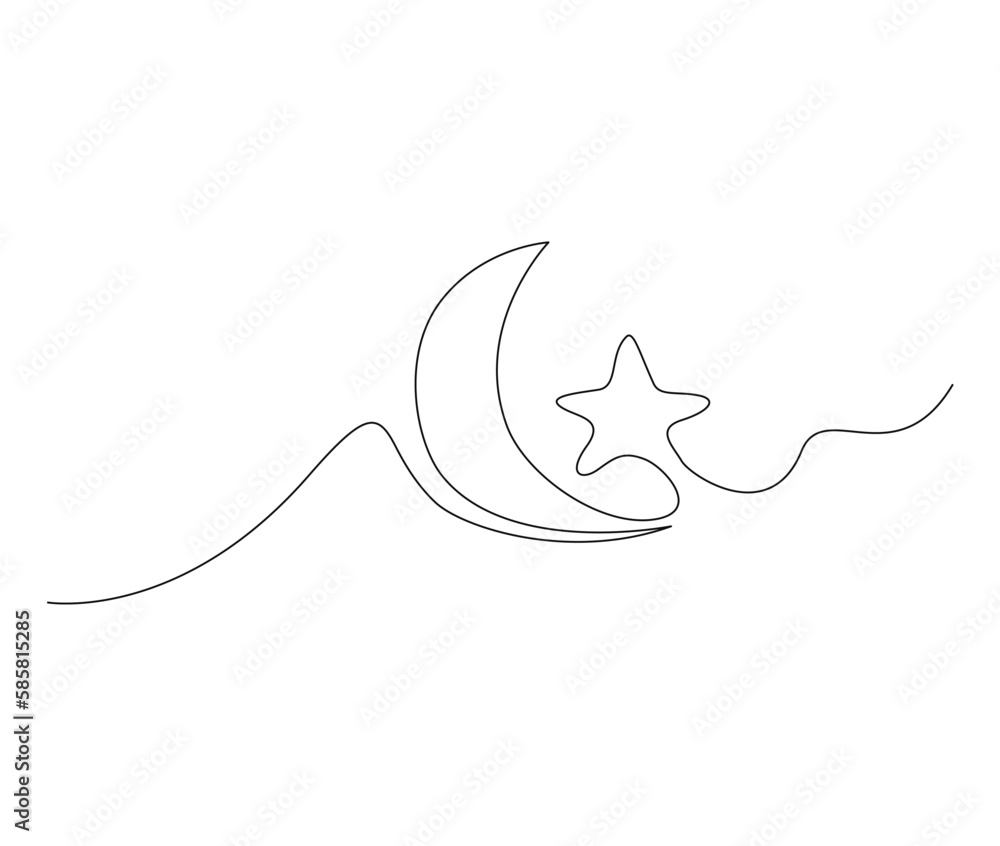 Continuous one line drawing of crescent moon for ramadhan element. simple crescent moon and star line art vector illustration. Editable stroke. Continuous one line drawing of crescent moon for ramadhan element. simple crescent moon and star line art vector illustration. Editable stroke.