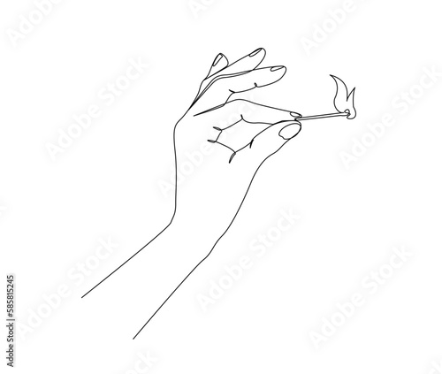 Continuous one line drawing of hand holding burning match. simple burning match stick on hand line art vector illustration. Editable stroke.