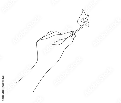 Continuous one line drawing of hand holding burning match. simple burning match stick on hand line art vector illustration. Editable stroke.