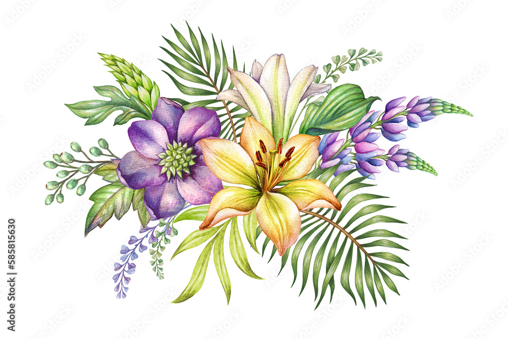 watercolor botanical illustration, colorful flowers and green leaves. Tropical bouquet, bohemian floral arrangement isolated on white background