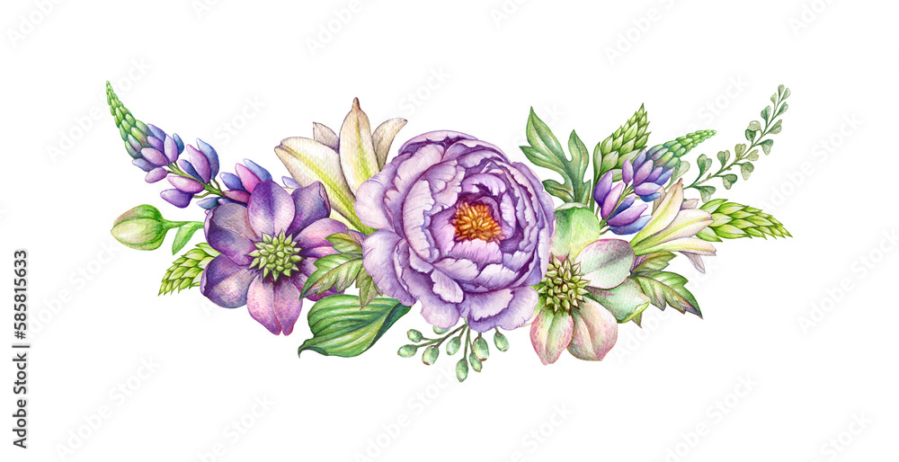 watercolor floral bouquet, botanical arrangement isolated on white background. Violet flowers and green leaves