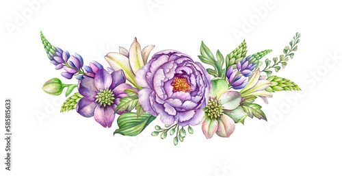 watercolor floral bouquet, botanical arrangement isolated on white background. Violet flowers and green leaves