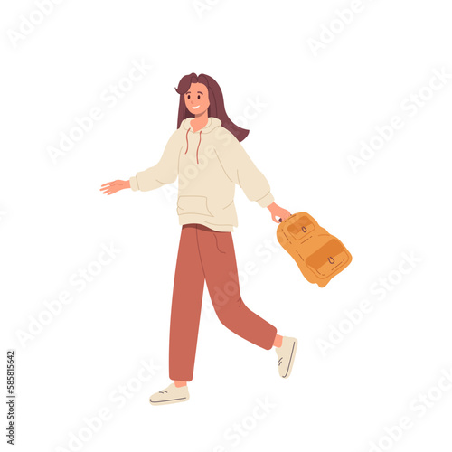 Happy girl student in casual clothes with backpack walking to study class isolated on white
