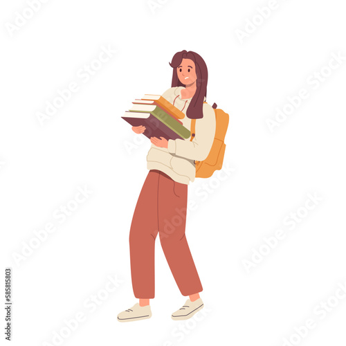 Shocked overloaded nerd female student character holding stack of book from library in hands