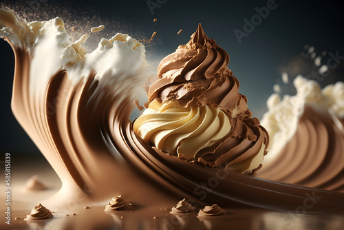 Close up of a whipped chocolate swirl. Chocolate splash on dark background. 3d renderingd illustration. Generative AI technology. photo