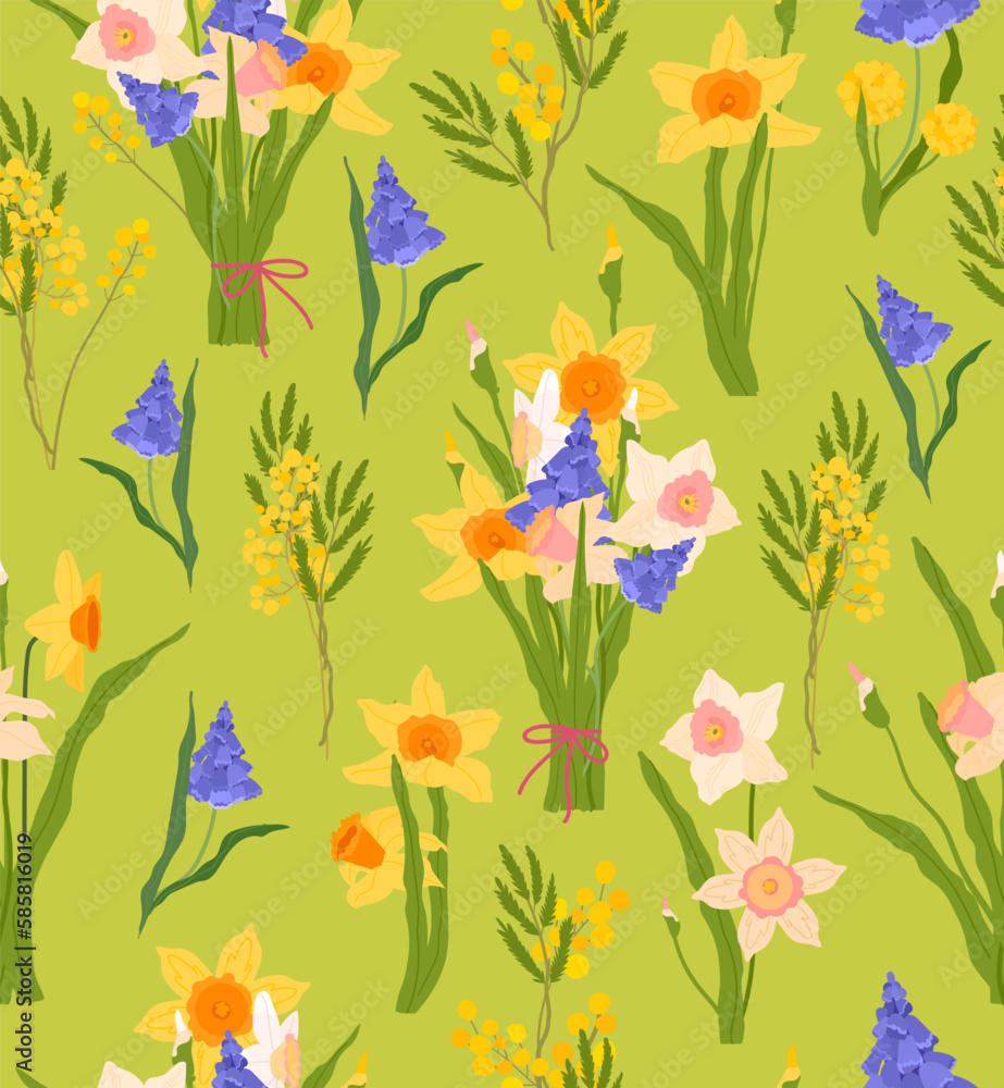 Spring flower vector seamless pattern. Romantic flourish grape hyacinth, narcissus, mimosa botany illustration. Cottage core aesthetic background