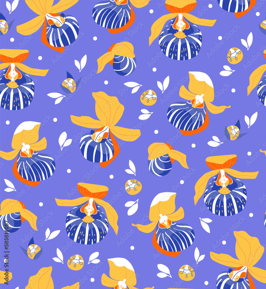 Orchid flowers seamless pattern. Botanical tropical Vector hand drawn blue background