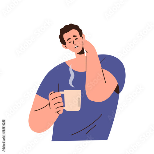 Sleepy man character with eyes closed stretching neck and drinking aromatic hot coffee in cup