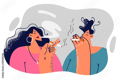 Man and woman smoking cigarettes enjoying tobacco smoke and gossiping during work break
