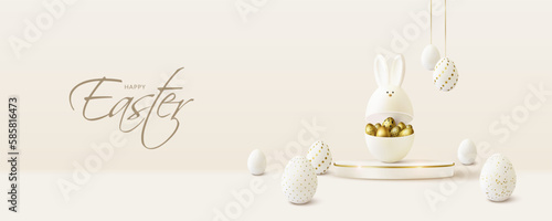 Round podiums with Easter eggs for product demonstration. Happy Easter banner background.	