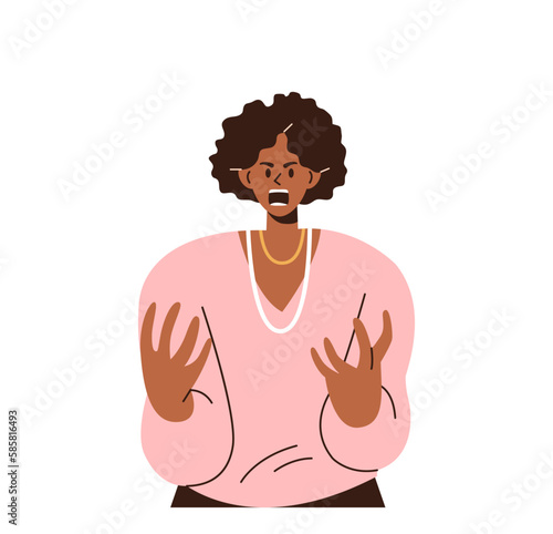 Irritated young woman screaming loudly expressing anger and emotionally gesturing with hands