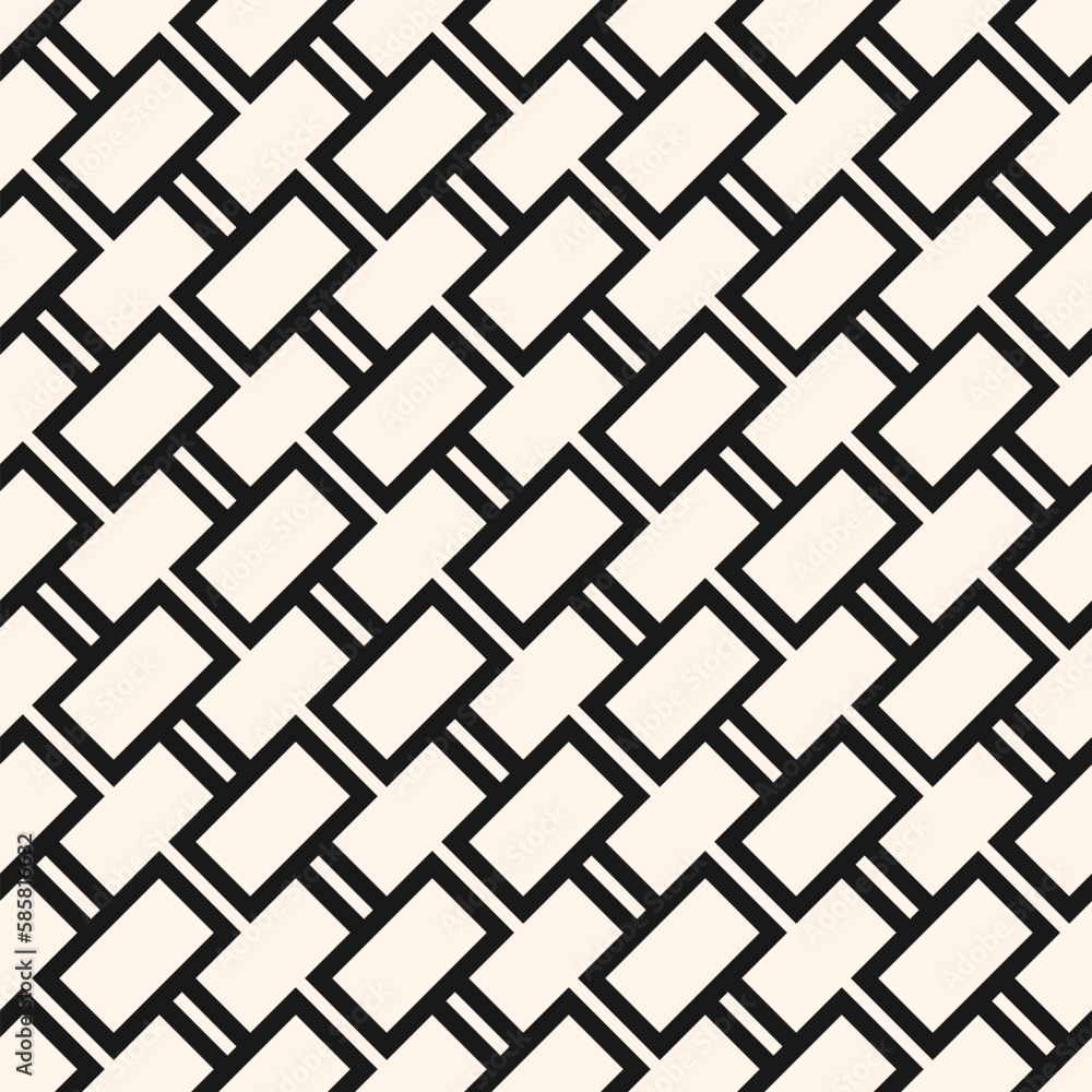 Vector geometric seamless pattern. Abstract monochrome background with diagonal lines, rectangles, grid, brick wall texture. Minimal black and white graphic pattern. Repeated design for decor, print