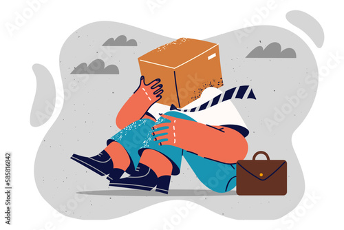 Fallen man with cardboard box on head for concept of disorientation and lack of strategy for company