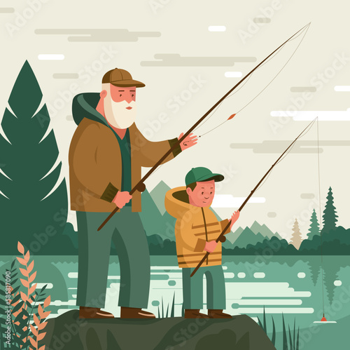 Grandfather and kid boy together fishing in summer day on river in countryside. elderly man teach child boy to fish. Father and child fishing together.