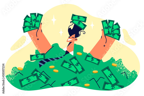 Wealthy man bathed in money rejoices in selling own business or receiving quarterly bonus at work