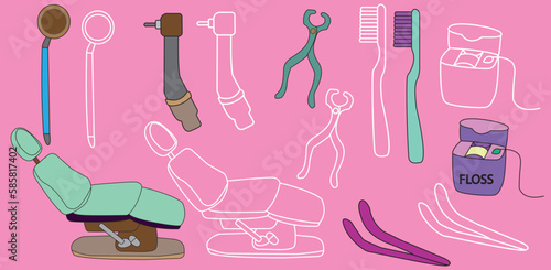  Dentist tools flat design cartoon style vector illustration.Dental tools icon set isolated on pink background.